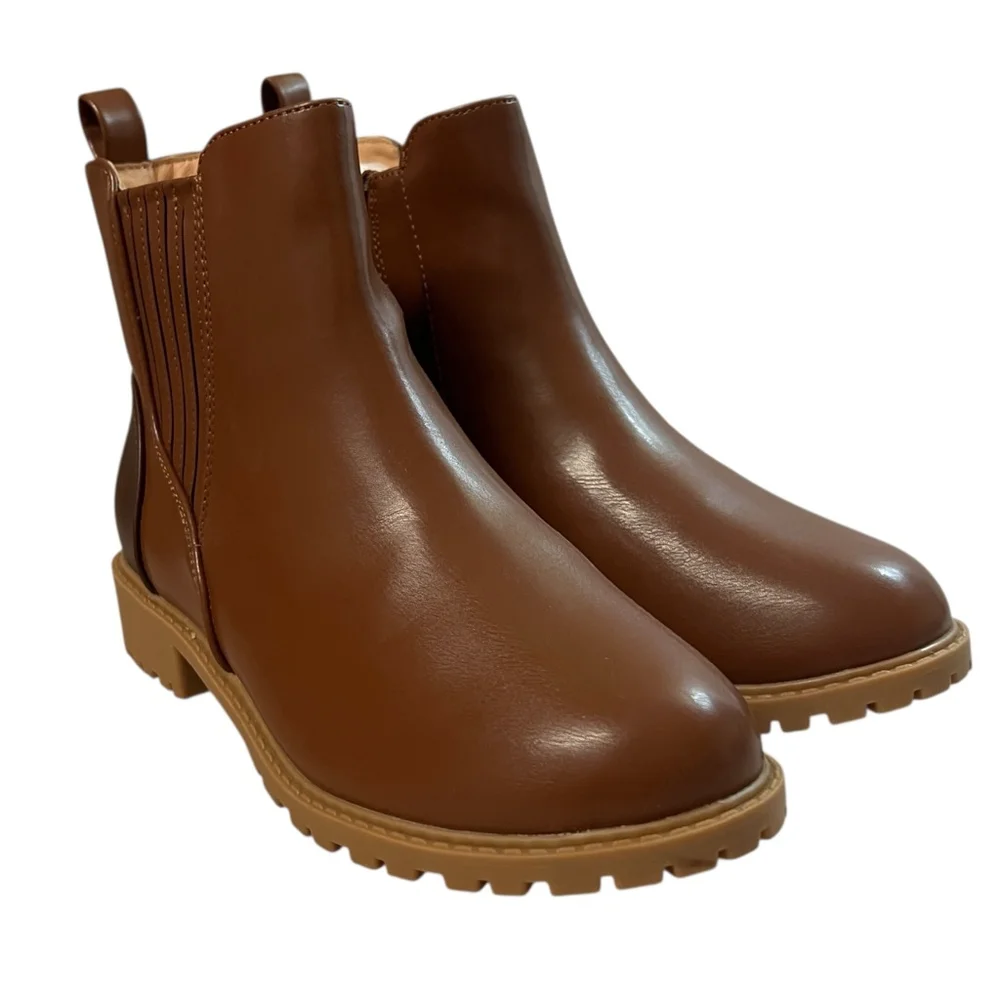Brown Side Zip Lug Sole Ankle Boots Girls Size 4Y Faux Leather Chelsea Style